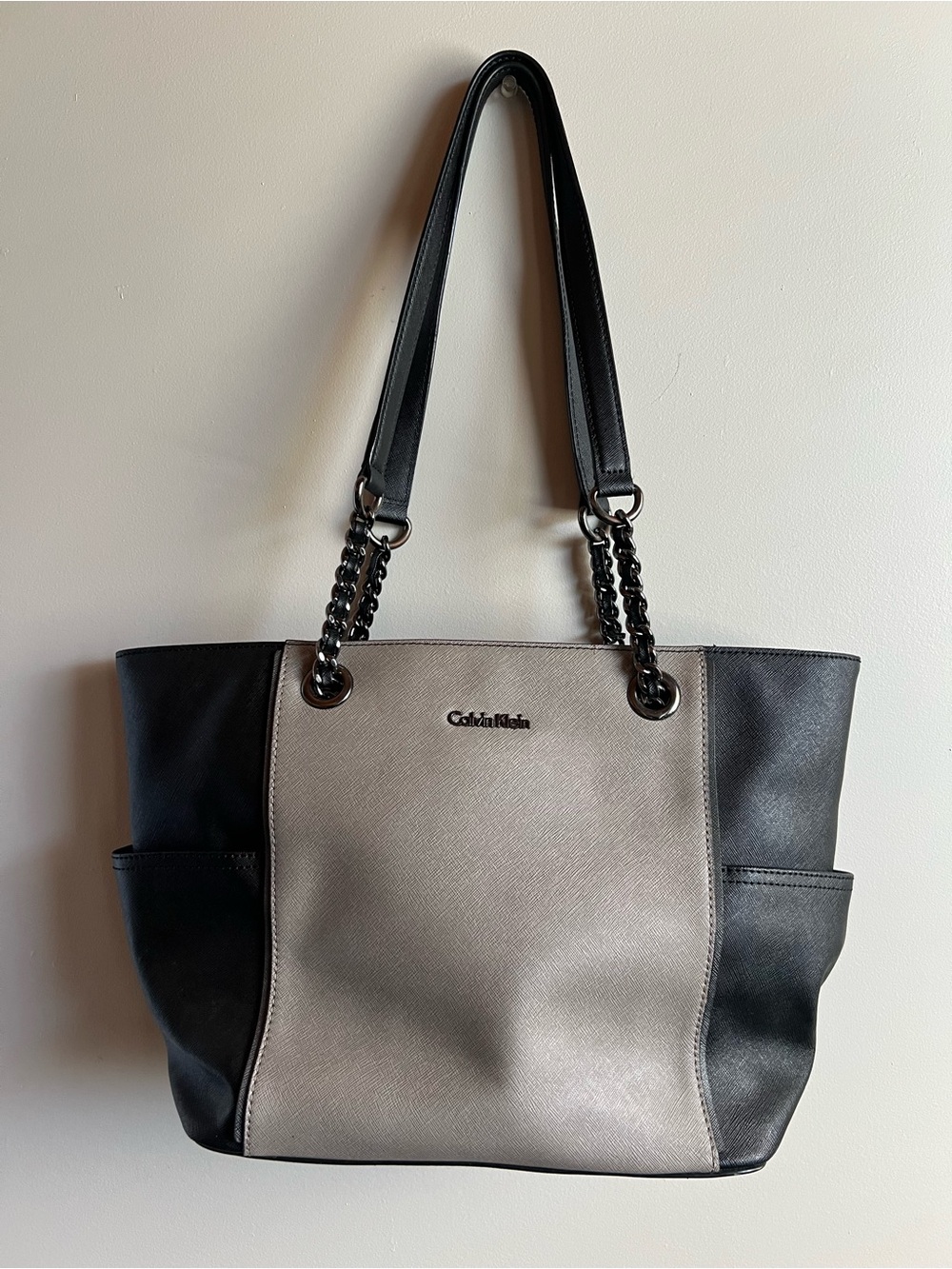 Calvin Klein Gray Black Saffiano Tote Shoulder Bag Work Laptop Travel Purse